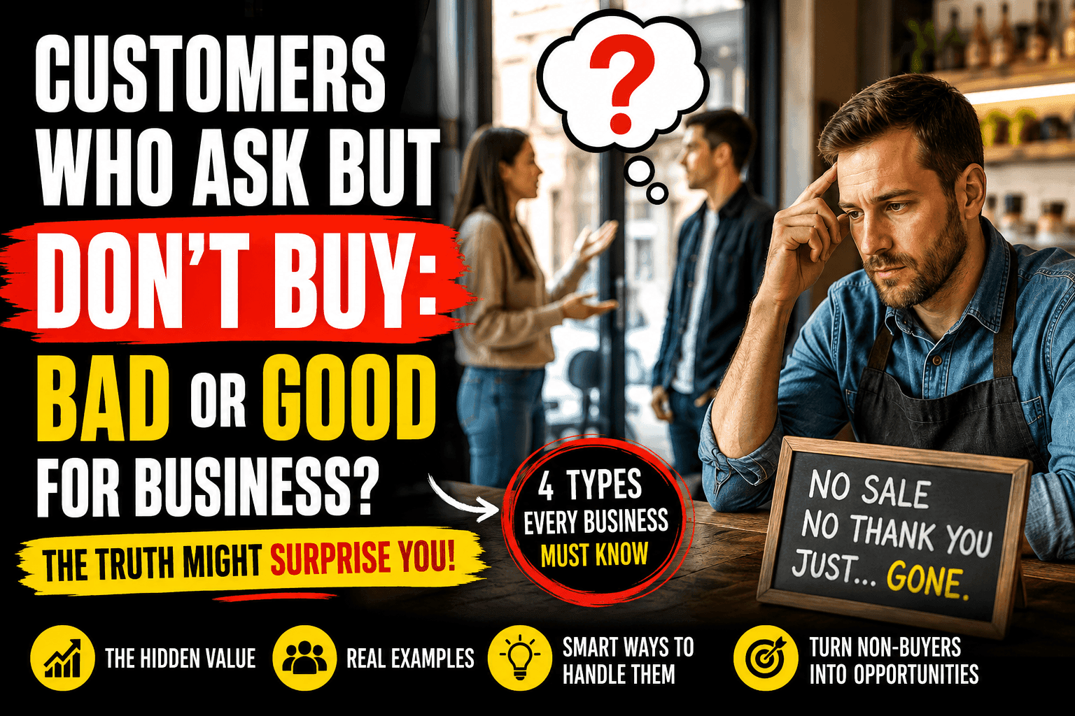 frustrated business owner thinking about customers who don’t buy after asking many questions in a shop”