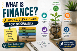 Beginner-friendly finance illustration showing budgeting, saving, investing, and money management concepts