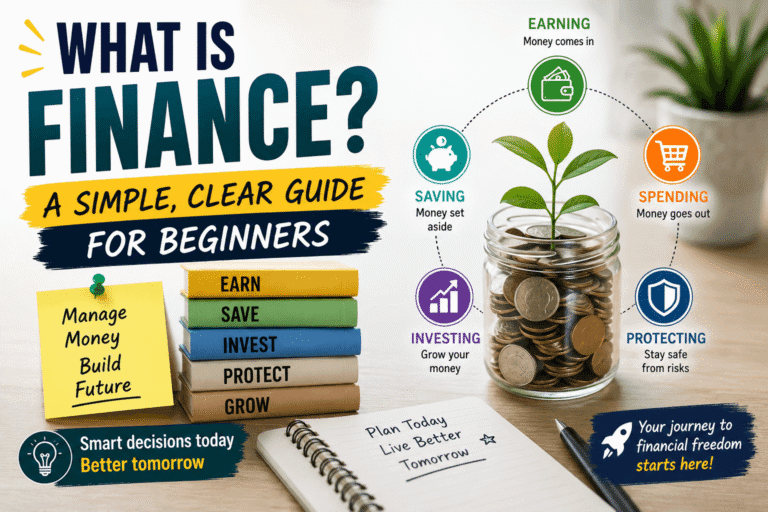 Beginner-friendly finance illustration showing budgeting, saving, investing, and money management concepts