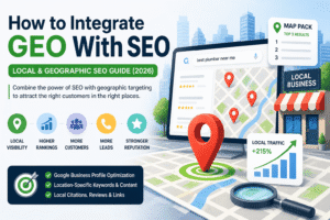 GEO SEO strategy illustration showing local search optimization and map-based rankings