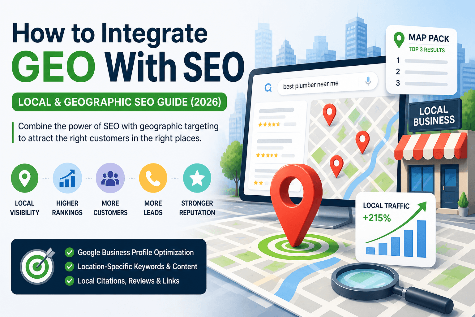 GEO SEO strategy illustration showing local search optimization and map-based rankings