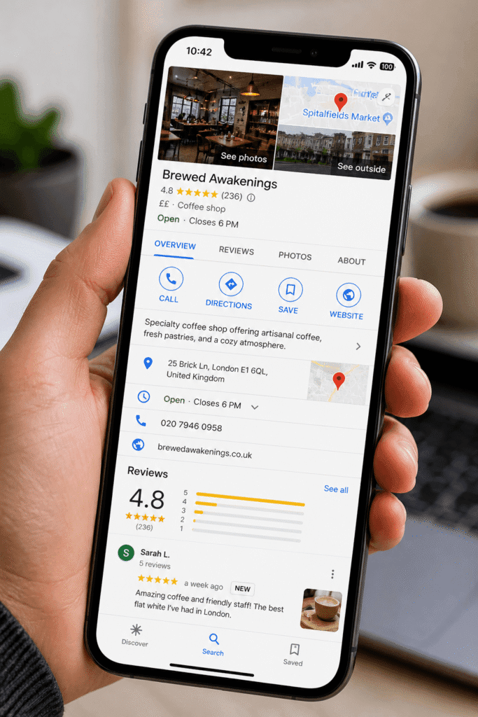 Google Business Profile listing with reviews, ratings, photos, and map location optimized for local search
