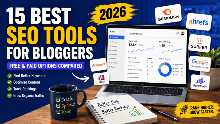 SEO tools for blogger dashboard showing keyword research, content optimization, rank tracking, technical SEO analysis, and free and paid SEO software comparison for bloggers in 2026