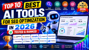 Top Best AI Tools for SEO Optimization in 2026 featuring Semrush, Surfer SEO, Ahrefs, Jasper AI, Frase, Clearscope, MarketMuse, NeuronWriter, RankIQ, and SE Ranking.