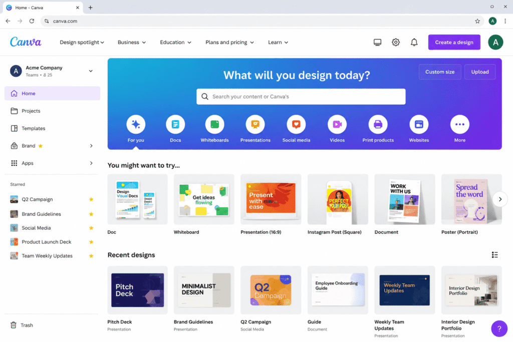Canva design dashboard used in top SaaS tools every startup for creating visual content