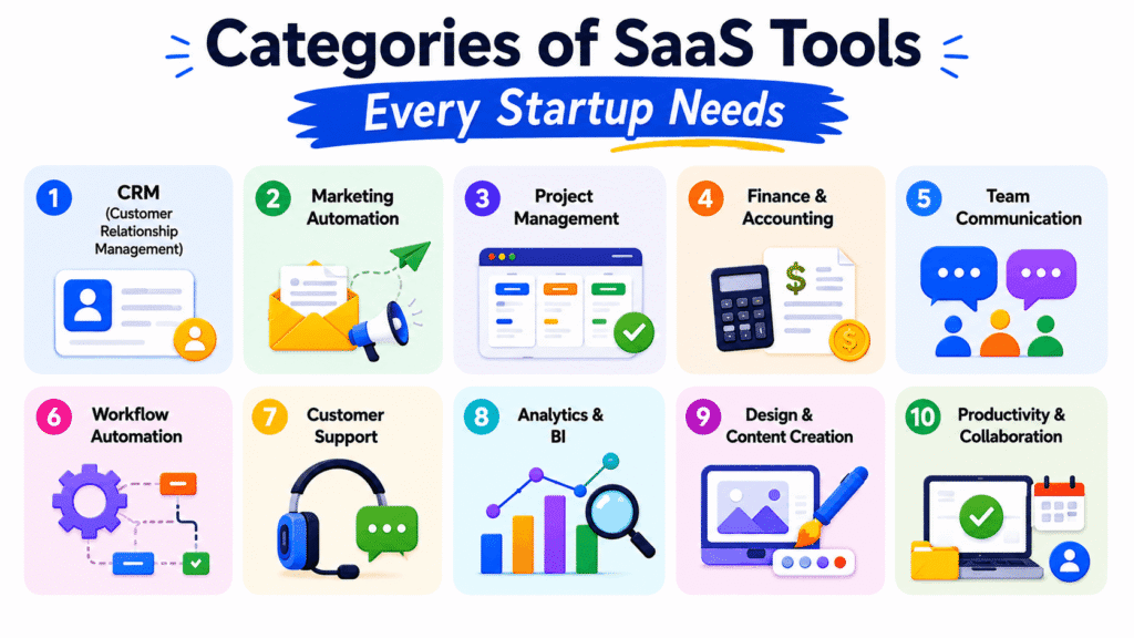 A complete overview of SaaS tool categories startups use to streamline operations, reduce costs, and scale efficiently.
