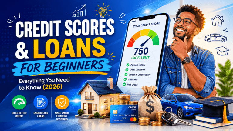 Credit Scores and Loans for Beginners hero image showing a credit score gauge, loan approval checklist, money bag, and house representing credit building and smart borrowing decisions