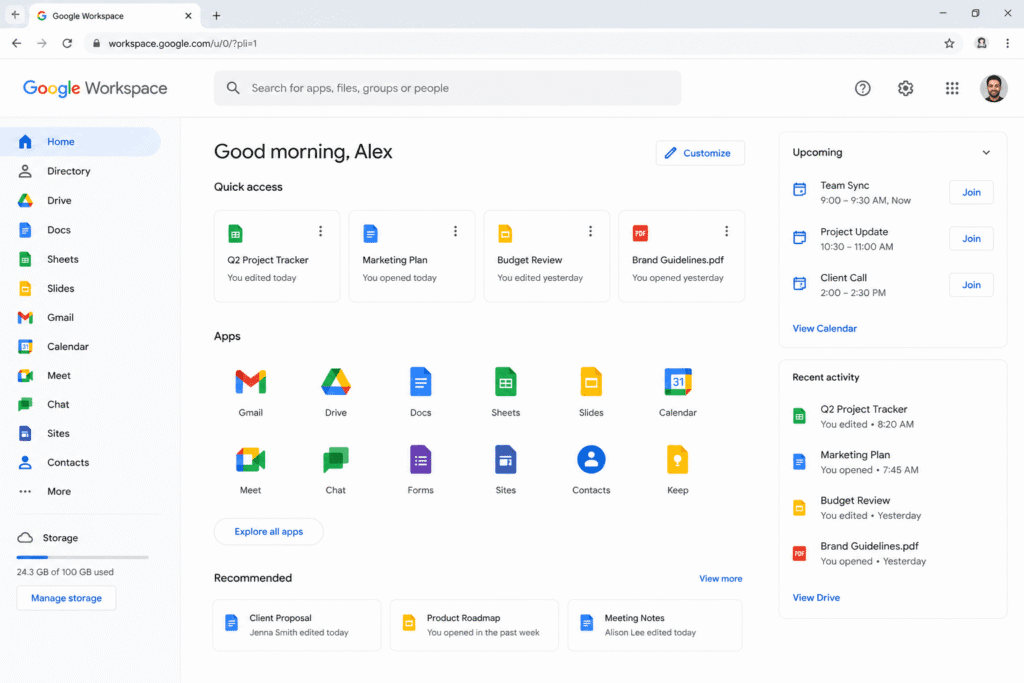 Google Workspace apps dashboard from top SaaS tools every startup uses for team collaboration