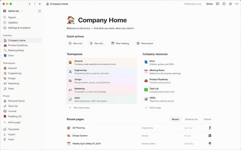 Notion workspace dashboard showing tasks and notes as part of top SaaS tools every startup uses
