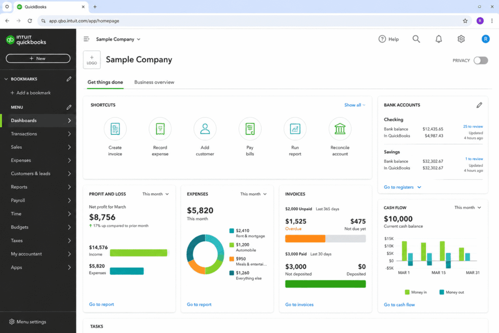 QuickBooks accounting dashboard used in top SaaS tools every startup for financial management