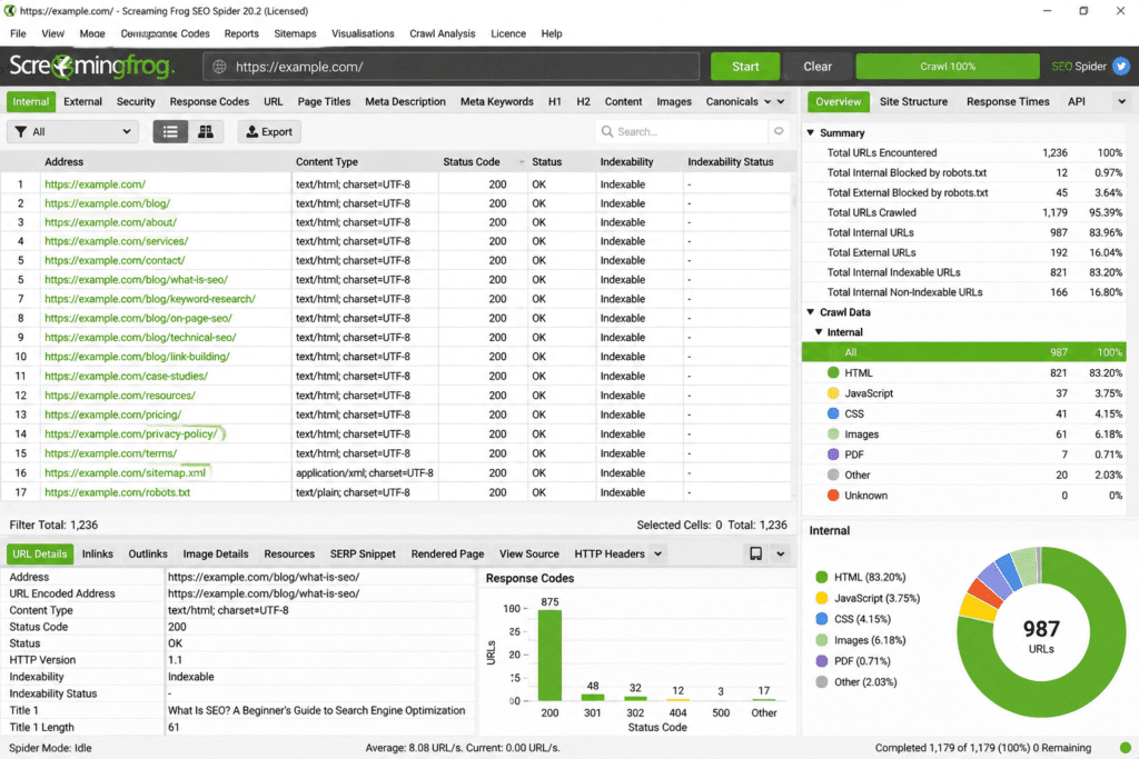 15 Best SEO Tools for Bloggers in 2026 (Free & Paid Options Compared) 14 Screaming Frog site crawl report SEO Tools for Bloggers technical SEO dashboard