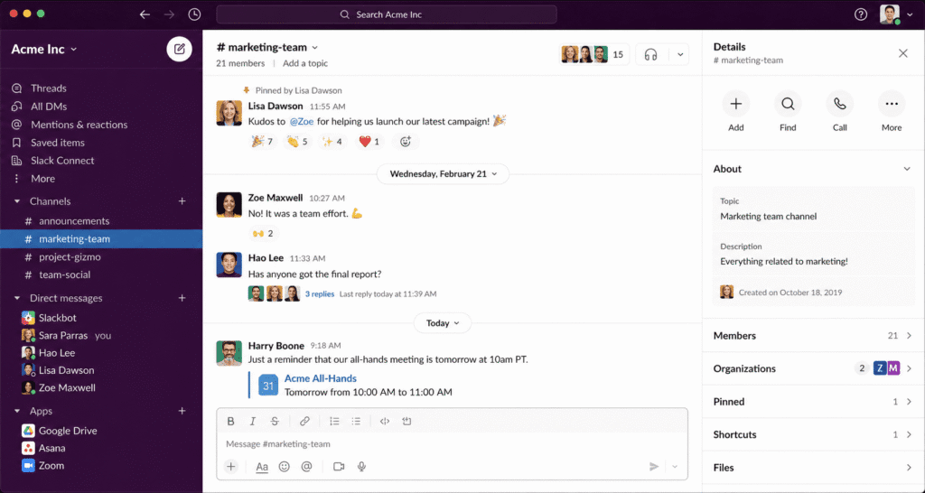 Slack interface showing team communication channels from top SaaS tools every startup uses