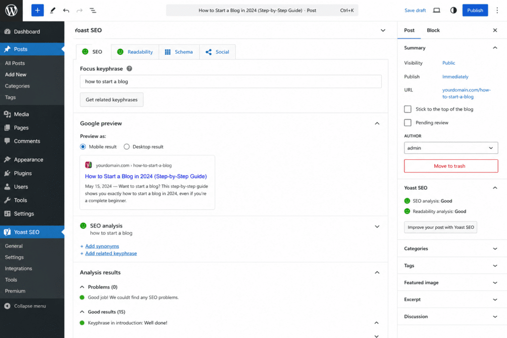 15 Best SEO Tools for Bloggers in 2026 (Free & Paid Options Compared) 13 Yoast SEO content analysis panel SEO Tools for Bloggers readability optimization